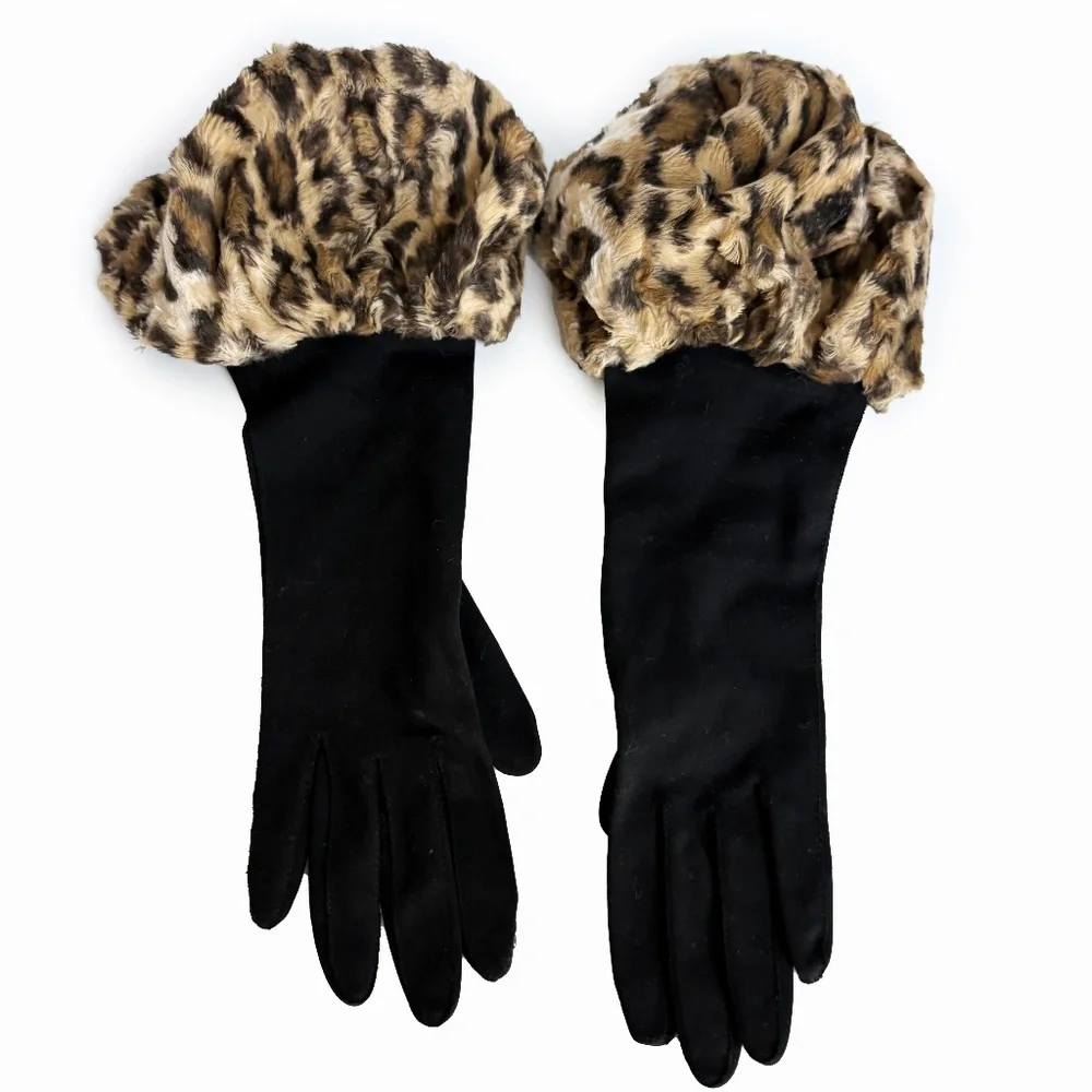 Vintage Early 90s Norma Kamali Faux Leopard Fur Cuff Gloves Retro Glam Rare